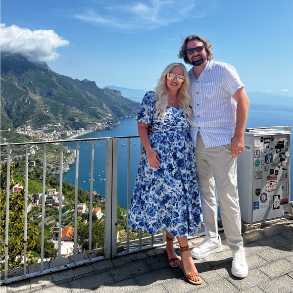 Abercrombie Puff Sleeve Midi Dress Blue Florida SIZE MEDIUM PETITE - Picture 6 of 7